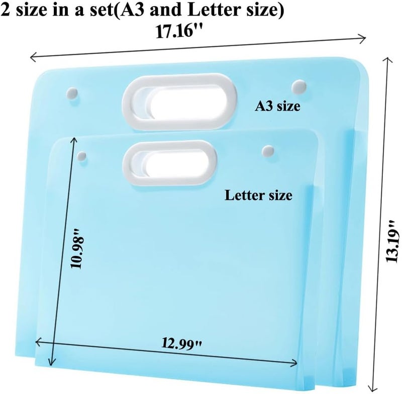 Sohynca 2pcs Plastic Art Portfolio Folder 17.32x13.22inch and 12.99x11inch Arts Storage Case for Diamond Painting, Student Drawing Container, Kids Artworks Keepsakes Storage Case,A3 and Letter Size (Blue) - Image 2